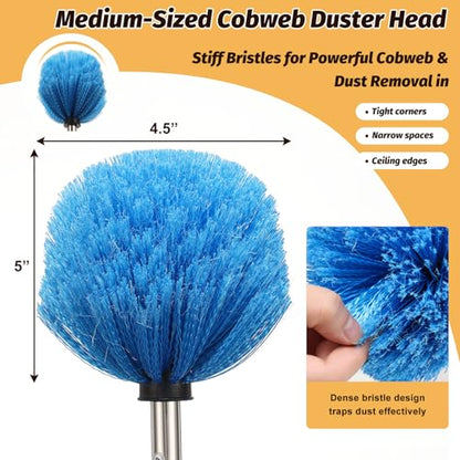 Cobweb Duster Brush with Extension Pole,Lightweight 5ft Long Spider Web Cobwebs Ceiling Fan Dust Cleaning Brush Kit with Washable Head for Furniture, Eaves, VentRoof House Cleaning up to 12.5ft
