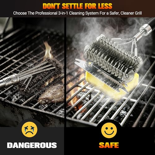 3-in-1 Bristle-Free Grill Brush & Scraper with Safety Sponge, 18" Detachable Long Handle BBQ Cleaner for Heavy Duty Grime, Summer BBQ & Outdoor Party Essential (Black) - color: Black