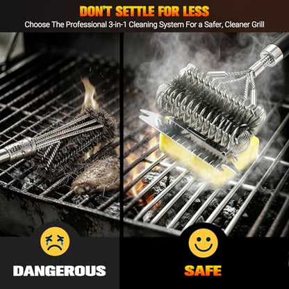 3-in-1 Bristle-Free Grill Brush & Scraper with Safety Sponge, 18" Detachable Long Handle BBQ Cleaner for Heavy Duty Grime, Summer BBQ & Outdoor Party Essential (Black) - color: Black