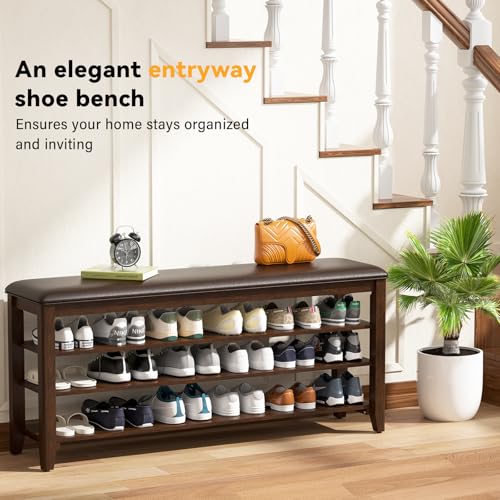 Taitiy Shoe Bench with 3 Tier Adjustable Shelves Rubberwood Entryway 47.2'' - color: Walnut, size: 47.2''