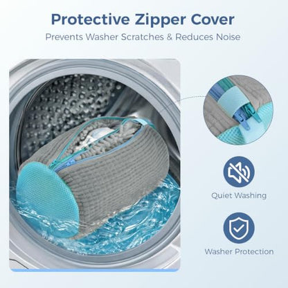 Shoe Washing Machine Bag for Sneakers, Double Compartment Shoes Laundry Bag with Chenille Microfiber, Durable Mesh Shoe Wash Bag for Washer & Dryer, Sneaker Cleaner for Running, Tennis & Kids Shoes - color: Grey