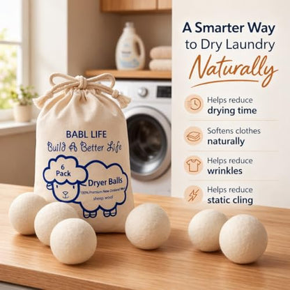Wool Dryer Balls 6 Pack, 100% New Zealand Wool, Reusable Dryer Balls for Laundry, Natural Fabric Softener, Helps Reduce Drying Time, Wrinkles & Static Cling, 2.6 Inch - size: New Packaging 2.6 Inch (Pack of 6)