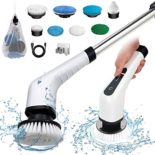 Electric Spin Scrubber, Cordless Bath Tub Power Scrubber with 8 Replaceable Drill Brush Heads, Shower Cleaning Brush with Adjustable Handle for Bathroom, Tile Floor & Car, White, (ANS-8050)