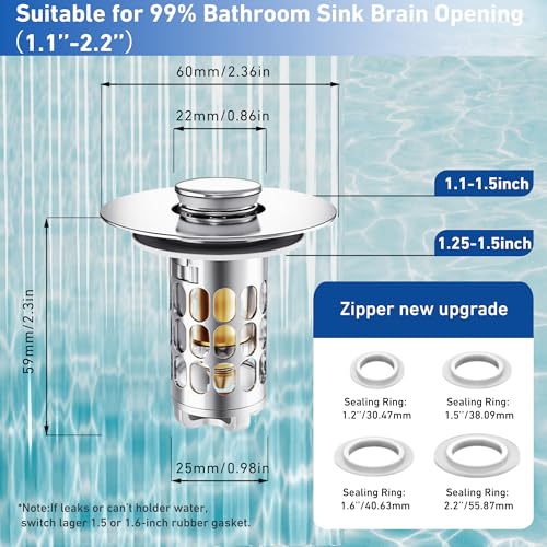 [2 Pack] Universal 3 in 1 Bathroom Sink Stopper, All Metal Pop-Up Bathroom Sink Drain Strainer with Removable Brass Basket Hair Catcher, Sink Plug for 1.1 to 1.6in Drain Holes