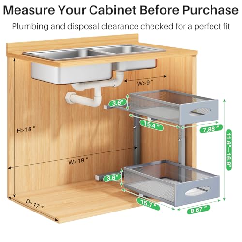 2 Pack Under Sink Organizer, 2 Tier Pull out Cabinet Organizer Mesh Baskets with 5 Adjustable Heights, Sliding Drawers Storage Shelf for Home, Kitchen, Bathroom, Pantry, Office, Countertop ,Grey - color: Grey, size: 2 Pack