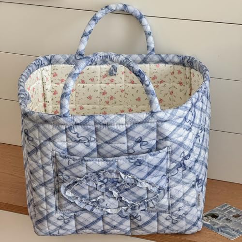 Storage Basket Boho Fabric Large Collapsible Floral Laundry Nursery Hamper Portable Folding Storage for Clothes Toys (Blue Bow) - color: Blue Bow