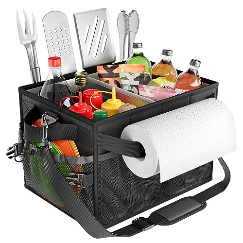 FANGSUN Grill Caddy, Foldable BBQ Caddy with Paper Towel Holder, Black - style: Black
