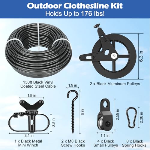 150ft Black Clothesline Pulley Kit with Aluminum Brake Pulleys - size: 150FT Black