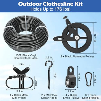 150ft Black Clothesline Pulley Kit with Aluminum Brake Pulleys - size: 150FT Black