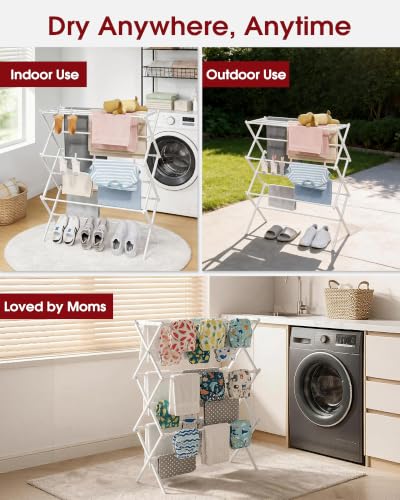 Sakugi Foldable 3-Tier Clothes Drying Rack 37.4" H with Non-Slip Feet - color: White, size: 3 Tier Standard