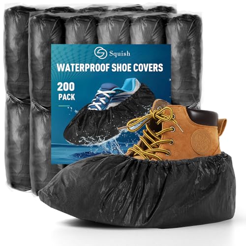 squish Shoe Covers Disposable Non-Slip, 200 Pack 6g Thick Booties Cover, Waterproof Slip Resistant Disposable Shoe Covers Durable Protector Covers for Indoors and Outdoors Fit Up to 13 Size (Black) - size: 200 Pack
