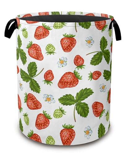 Strawberry Laundry Hamper,Collapsible Laundry Baskets,Flowers Leaf Dirty Clothes Baskets with Handles,Oxford Cloth Hamper for Bedroom,Bathroom,College Dorms, 16"x20" - color: Strawberry,Flowers Leaf