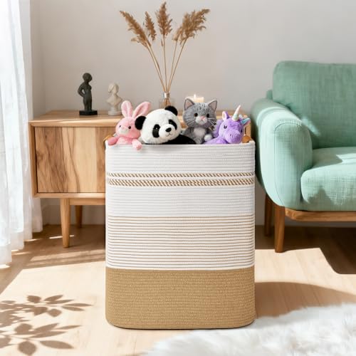Laundry Hamper, 105L Tall Laundry Basket with Leather Handles, Rectangle Large Clothes Hamper for Organizing, Cotton Woven Laundry Baskets Storage Hampers for Bedroom, Nursery, Living Room - color: Jute & White, size: 105L