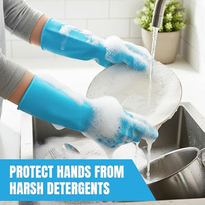 JOR Kitchen Dishwashing Gloves, Durable and Reusable Rubber with Non-Slip Grip, For Household Chores, Multi-purpose Use for Pantry, Bathroom Laundry, Medium, 12-inch Long Cuff, 2 Pairs, Green & Blue