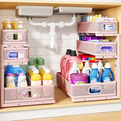 Under Sink Organizer, 3-Tier Thickened Metal Pull out Cabinet Organizer Shelf, Height Adjustable Slide out Storage Drawer Rack for Kitchen Bathroom Pantry Laundry Home Organization, 2-Pack, Pink - color: Pink, size: 2-Pack
