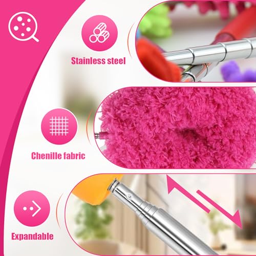 Extendable Feather Duster Telescopic Dust Remover for Home Office Car Furniture High Ceiling Cleaning Multi Purpose Tool(Rose Red,Round Head) - color: Rose Red, size: 12.6 in