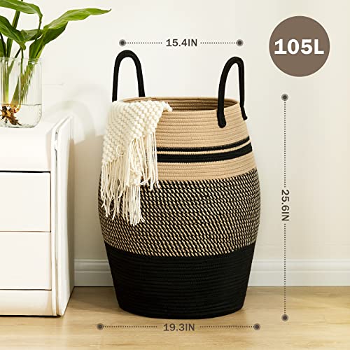 Extra Large Laundry Hamper Basket 105L Woven Blanket Basket, Brown & Black - color: Brown & Black, size: 105L