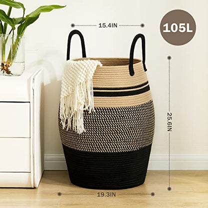 Extra Large Laundry Hamper Basket 105L Woven Blanket Basket, Brown & Black - color: Brown & Black, size: 105L