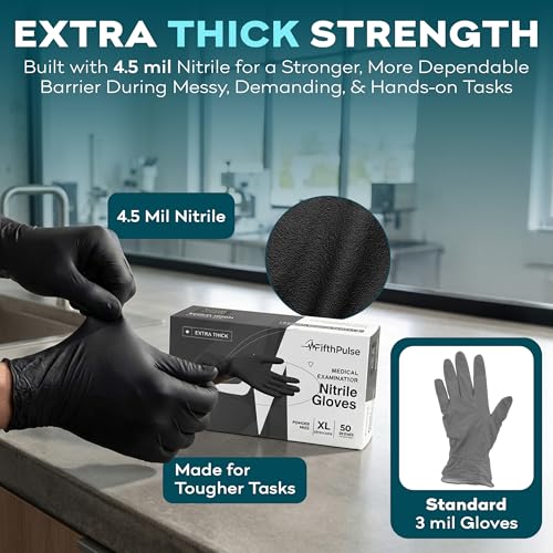 Disposable Black Nitrile Gloves Medium 50 Count - Extra Thick 4.5 Mil - Powder and Latex Free Rubber Gloves - Surgical Medical Exam Gloves - Food Safe Cooking Gloves - size: Medium