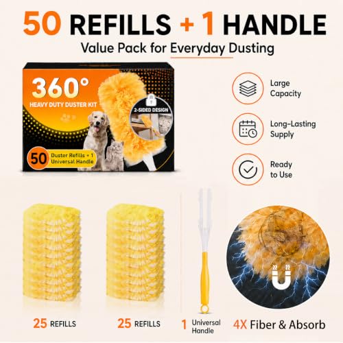 Duster Refills for Swiffer Duster, 50 Count Heavy Duty 2 Side 360° Dusters Refill Kit with 1 Handle, 4X Microfibers, Disposable Multi-Surface Duster for Cleaning Furniture Blinds Ceiling Fan - color: 50 Refills & 1 Short Handle