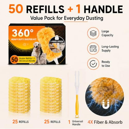Duster Refills for Swiffer Duster, 50 Count Heavy Duty 2 Side 360° Dusters Refill Kit with 1 Handle, 4X Microfibers, Disposable Multi-Surface Duster for Cleaning Furniture Blinds Ceiling Fan - color: 50 Refills & 1 Short Handle