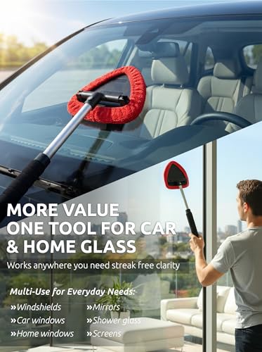 TAKAVU Window & Windshield Cleaner, Extendable, 3 Microfiber Pads (Red) - color: Red