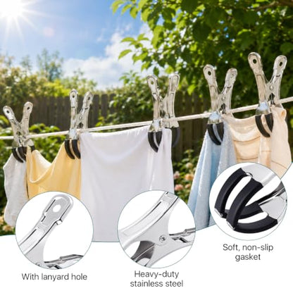 Supkiir 20 Pack Large Clothespins Heavy Duty, 4.3 Inch Stainless Steel Towel Clips for Beach Chairs, Windproof Metal Clothes Pins with Rubber Tips for Outdoor Clothesline, Beach Chairs and Tablecloths