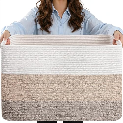 Extra Large Laundry Basket, 25"x16"x16" Rectangle Woven Basket - color: Gradient Brown/White, size: 108L