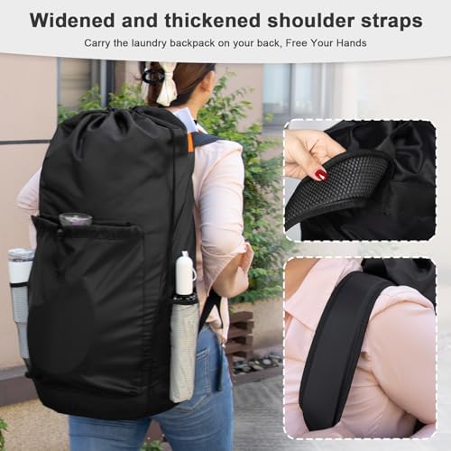 Polecasa Heavy Duty Backpack Laundry Bag, 2-3 Loads, Padded Straps, Black