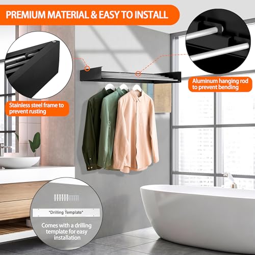 FOCHIER F Laundry Drying Rack Wall Mounted Clothes Drying Rack Collapsible with 5 Aluminum Rods and Drilling Template Long Screwdriver Bit 60 lbs Capacity (Black, 40") - color: Black, size: 40"