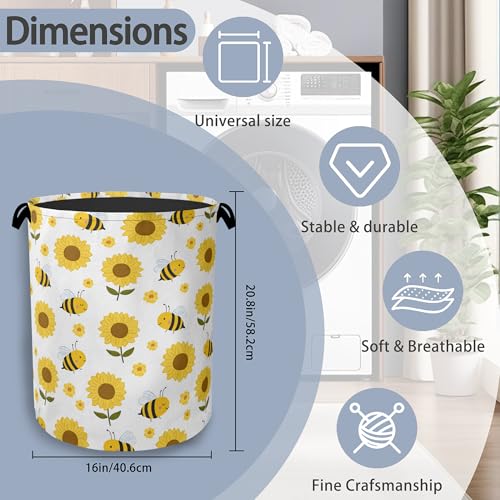 Cute Bee Laundry Basket,SunFlower Foldable with Handles Tote Bag Oxford Cloth for Bathroom Bedroom Dirty Clothes Storage Bucket 16" x 20.8" - color: Cute Bee SunFlower
