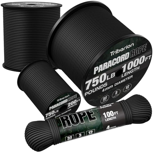 Paracord Rope 750 lb - 50ft 5/32" Parachute Cord 4MM 12-Strand para Cord - Heavy Duty Spool String for Survival,Camping Gear, Survival Bracelet, Clothesline - Black - color: Black, size: 50ft