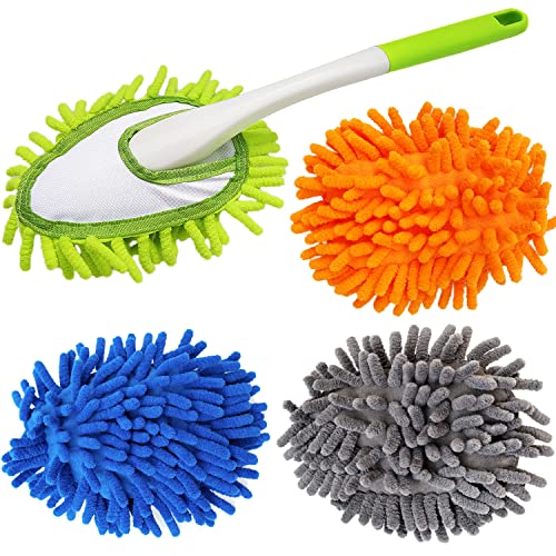 13 Inch Microfiber Feather Duster,with 4 pcs Washable Duster Head, Car Duster, Perfect for Cleaning Windows, Tables, Cars,Furniture, Walls, Fans, Screens