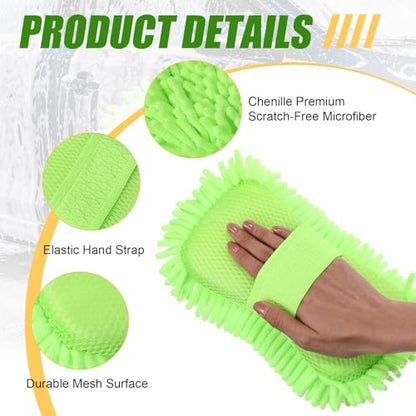 3 Pack Chenille Premium Scratch-Free Microfiber Car Wash Sponges, Non-Scratch Car Cleaning Wash Mitt, Ultra-Soft Glove, Swirl-Free Finish, Safe for Trucks, Suvs(Lime Green) - color: Lime Green