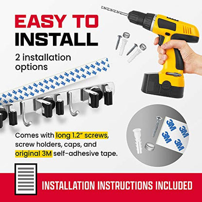 Wall Mount Hanger for Brooms & Mops - Adhesive Stainless Steel Mops & Broom Holder, 4 Clamps, 3 Hooks, & 5 Towel Hanger Clips Including Mounting Hardware for Utility Room Organization - color: 1 Pack - 4 Clamps
