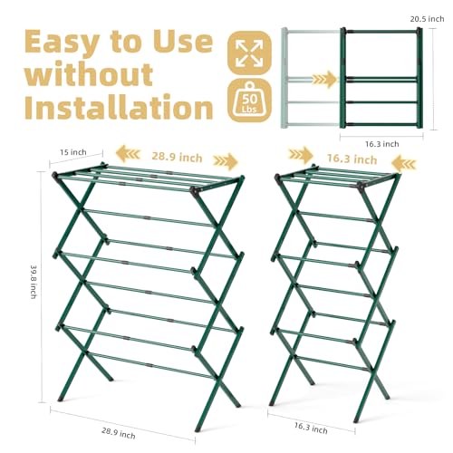 BAKON Space Saving Foldable Clothes Drying Rack, Extendable Rustproof Laundry Rack for Indoor Outdoor Use, No Assembly Required, Suitable for Bathroom Laundry Room Apartment RV, Green - color: Green