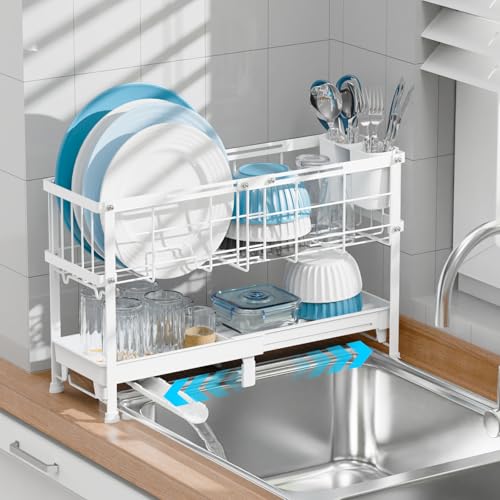 GSlife Narrow 2 Tier Dish Drying Rack - Expandable for Small Kitchens & RVs - color: White, size: Narrow 7" Width