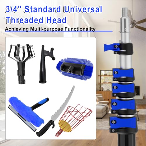 30FT Reach Telescopic Extension Pole-5-24FT Multi-Purpose Extension Pole with Easy Flip Lock, Universal Twist-on Metal Tip, Lightweight Sturdy Aluminum Paint Roller Extension Pole for Window Cleaning