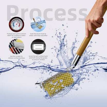HOUSE AGAIN Grill Brush Bristle Free with Scraper, Safe Steam Cleaned Replaceable Head Fire Resistant Grill Cleaning Brush Strong Barbecue Brush Cleaner Non Wire for Outdoor Grill Grate/Wooden Handle - size: Grill Brush