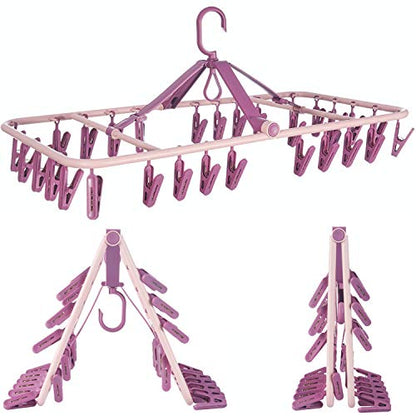 Foldable Clip Hangers with 32 Clothes Pins Drying Clips Laundry Clip - color: Pink