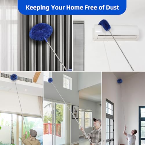 Microfiber Duster for High Ceiling Fan Blades, Cobweb with Extension Pole Adjusts 15-82 Inch, Reusable Cleaning Duster Kit with 3 Duster Heads for Wall Blinds Door Furniture Bookshelves (Blue)