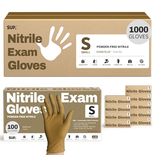 SUP Powder-Free Nitrile Exam Gloves, 100/1000 Ct Food Safe Latex-Free Disposable Glove Medical Cooking Cleaning Food Prep Tan - color: Small (Trail Tan 1000)