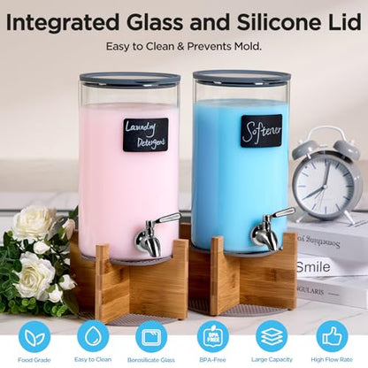 Glass Laundry Detergent Dispenser with Holder,1.1 Gallon Laundry Liquid Dispensers with Stainless-Steel Tap,Large Glass Fabric Softener Containers with Stand for Laundry Room Organization - size: 2 pcs