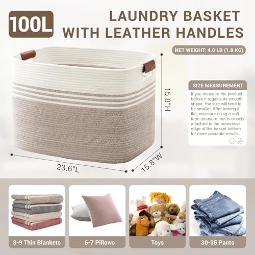 100L Large Woven Laundry Basket Hamper with Leather Handles,Brown - color: Brown, size: 100L