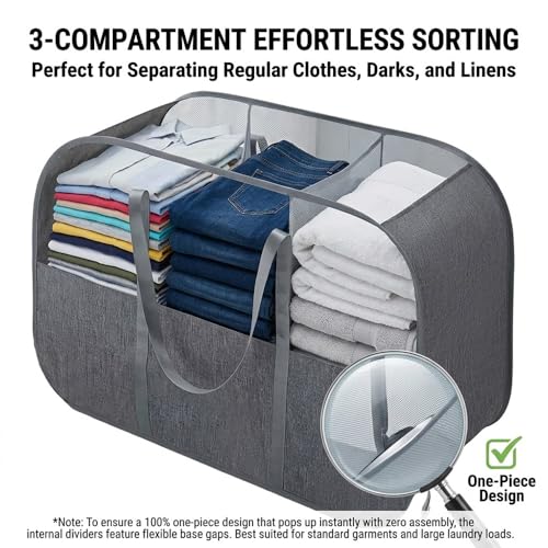 150L Collapsible Laundry Basket, 3-Compartment Hamper, Grey