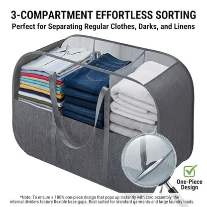 150L Collapsible Laundry Basket, 3-Compartment Hamper, Grey
