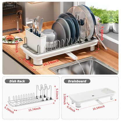 Small Dish Drying Rack, Stainless Steel with Drain Board & Utensil Holder - color: White