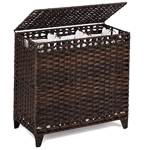Laundry Hamper with 3 Removable Liner Bags, 132L Laundry Sorter with Lid - color: Brown, size: 132L-3 Section