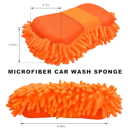 Microfiber Car Wash Sponge, Scratch-Free Vehicle Washing Mitt with Chenille & Mesh Sides, Highly Absorbent Sponge Lint-Free Cleaning Tool for Car Washing & Detailing (Orange) - color: Orange, 1 Pcs