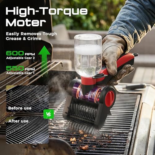 Electric Grill Brush, 100W High Power Cordless BBQ Cleaner with 300ml Water Spray Tank, IPX8 Waterproof Automatic Scrubber for Gas Charcoal Grills, 2-Speed Rechargeable Power Brush with Scraper